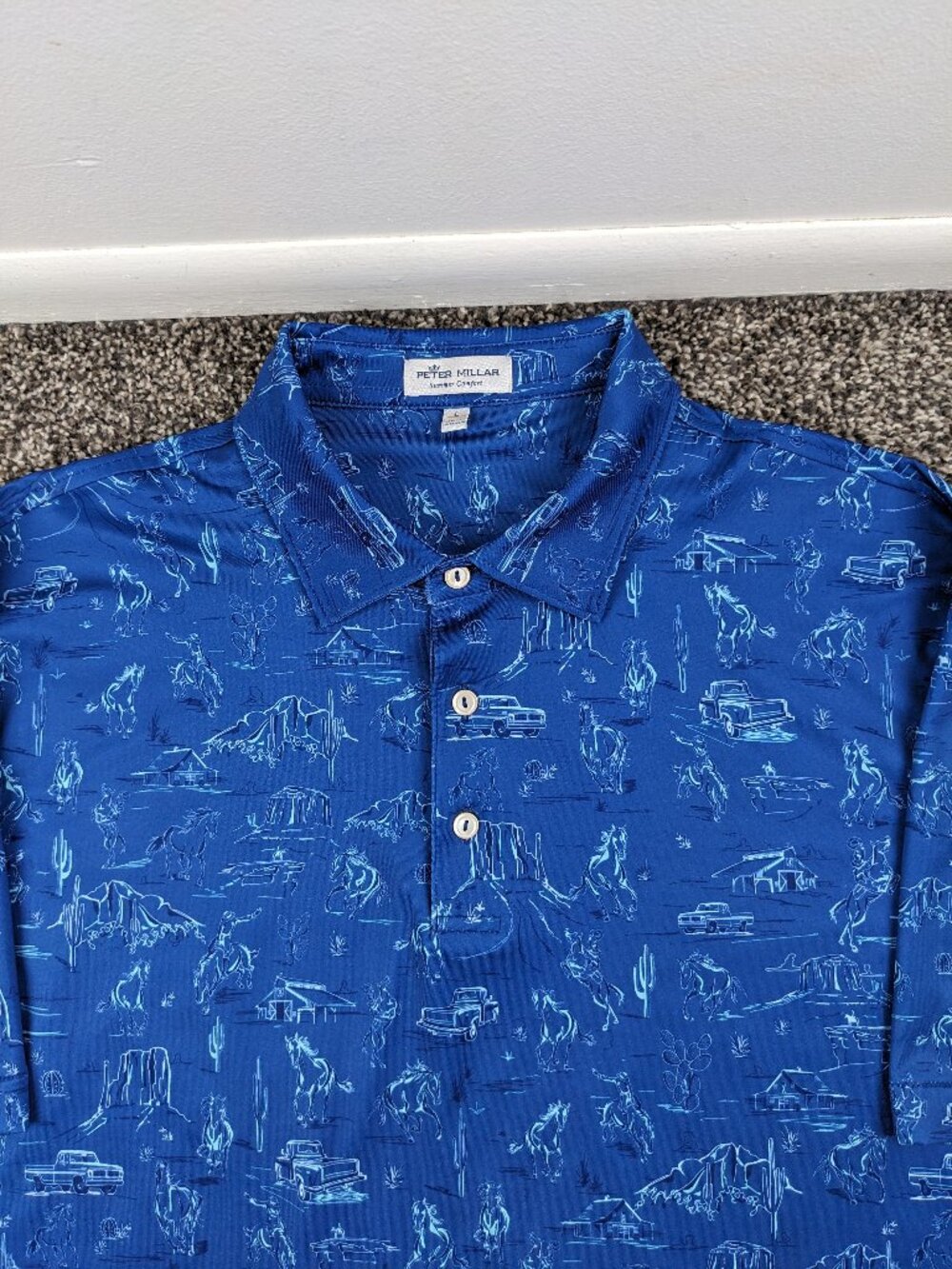 2022 Peter Millar Summer Comfort Polo Shirt Outlaw Western Rodeo Blue Mens Large